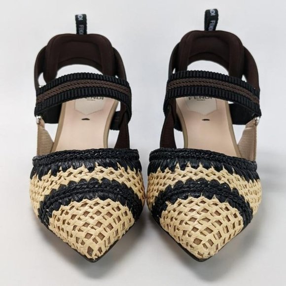 Fendi Black Beige Colibri Woven Raffia Slingbacks - Picture 3 of 5